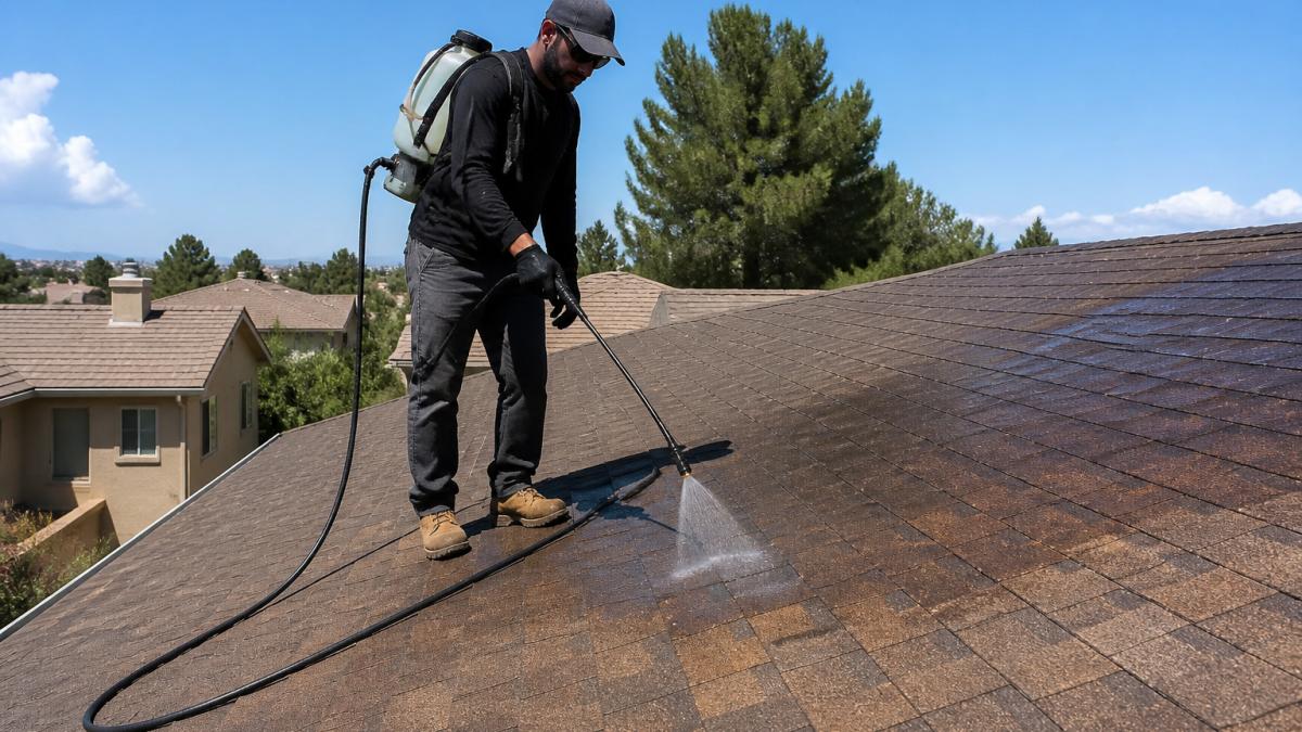 Technician applying eco-friendly alternatives to roof replacement using a plant-based spray on asphalt shingles.