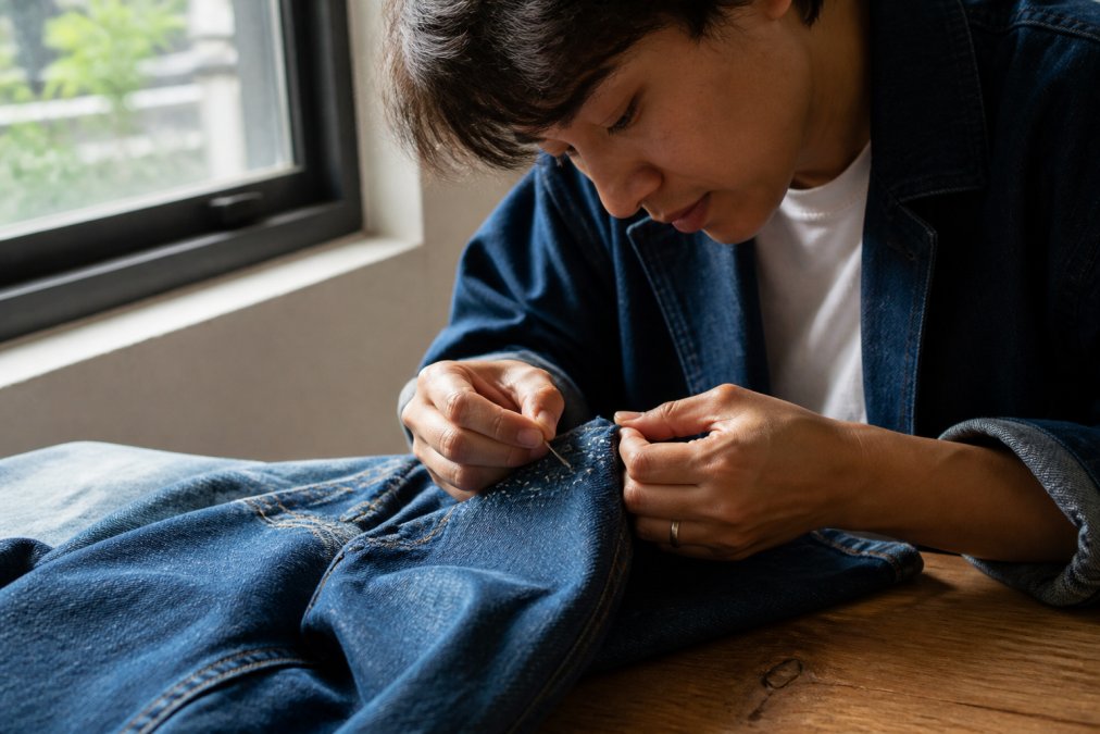 Hands holding needle and thread, carefully mending a small hole in indigo denim with visible darning stitches, natural window light illuminating the repair work on a wooden surface