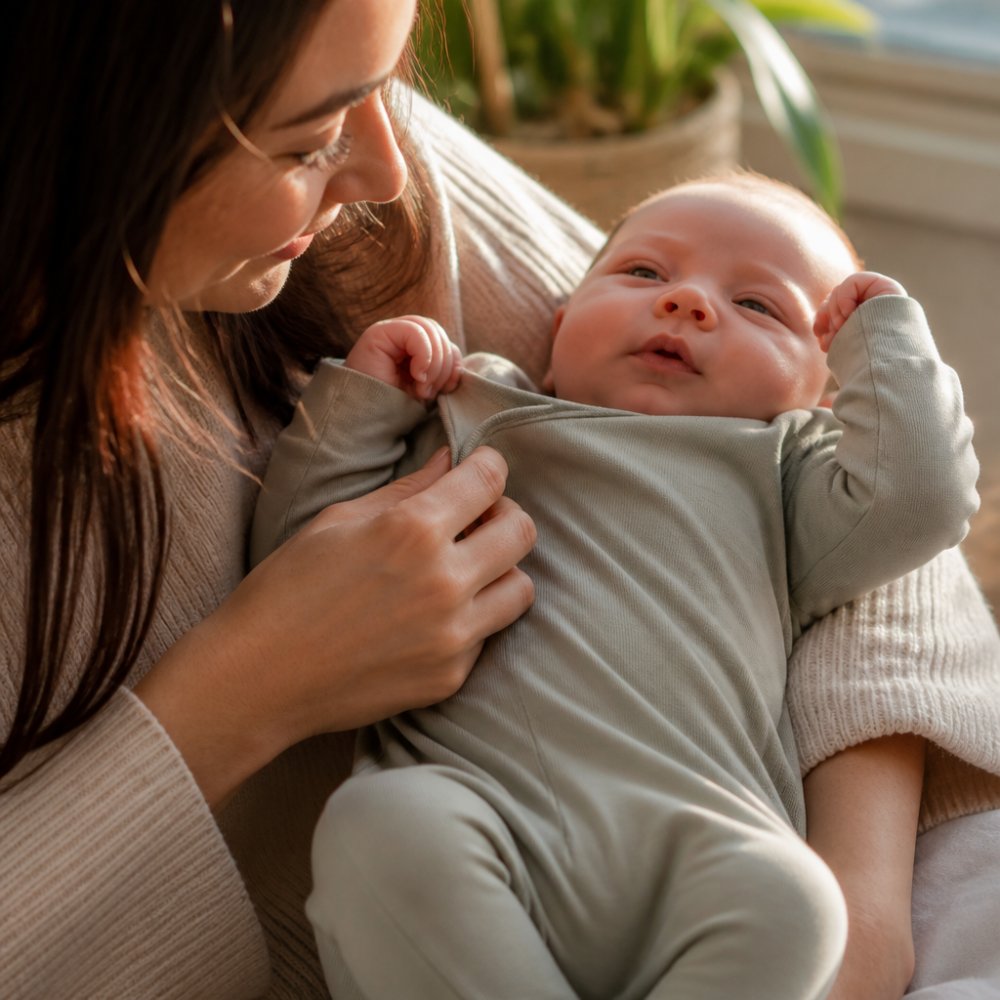 Newborn baby wearing soft bamboo convertible footie pajamas, close-up of the tagless seam and buttery-soft fabric texture against delicate skin, natural morning light