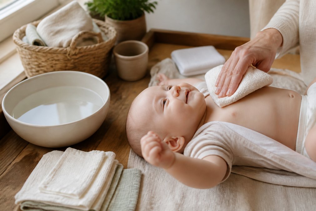 Parent's hands gently cleaning a baby's delicate skin with a soft cloth wipe, warm water bowl with natural fibres visible nearby, natural daylight streaming through a window