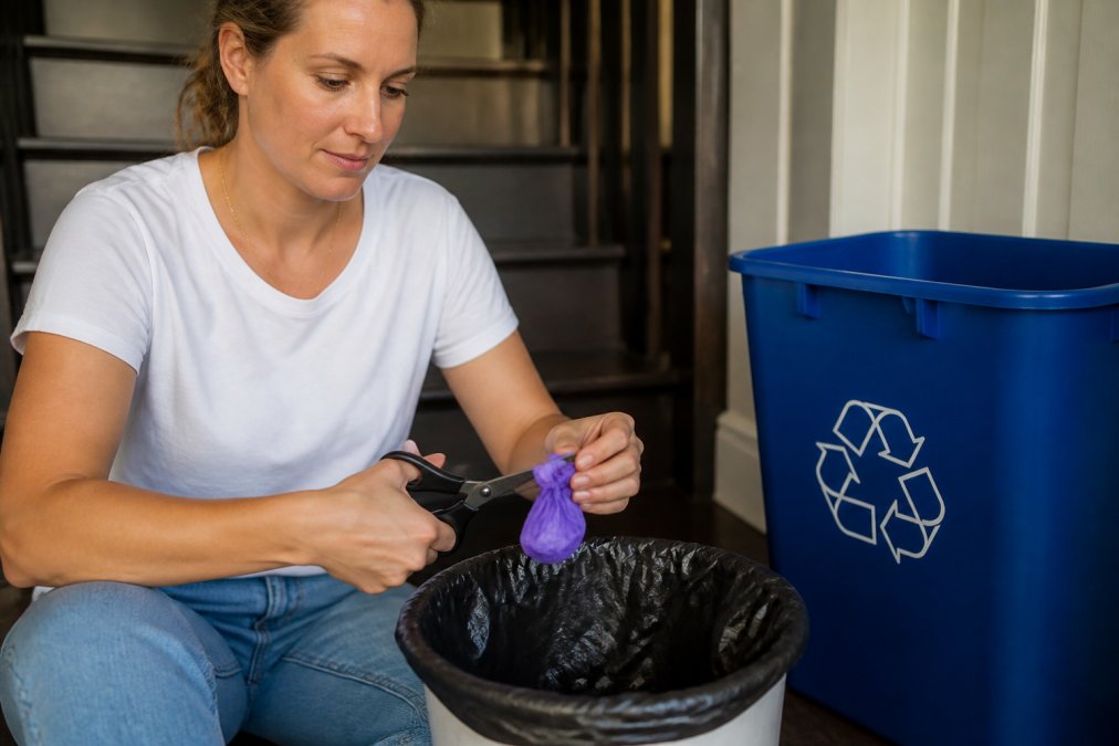 A person at home cutting the knot in a deflated latex balloon before placing it in a trash bag, with a recycling bin nearby