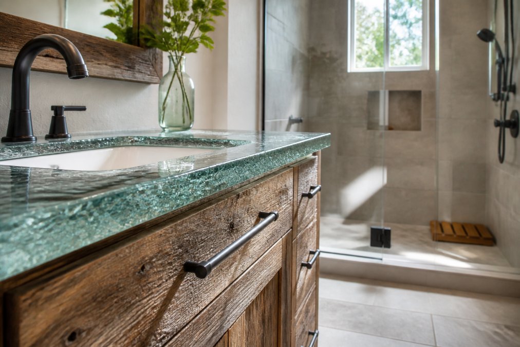 Reclaimed wood cabinetry and a recycled glass countertop brighten an eco-friendly bathroom renovation.