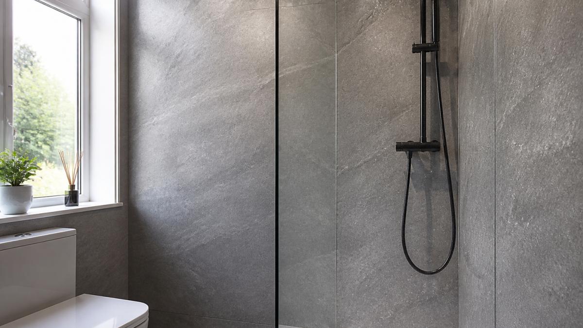 Bathroom wall with installed Decorwall Elegance Mineral panels in stone-effect finish, water droplets visible on surface demonstrating waterproofing, natural daylight from window