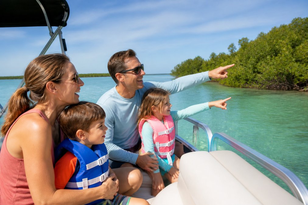 A family with two young children wearing life jackets on the deck of a small eco tour boat, calm turquoise Gulf Coast water and a mangrove shoreline in the background, sunny afternoon light, everyone smiling and pointing toward the water