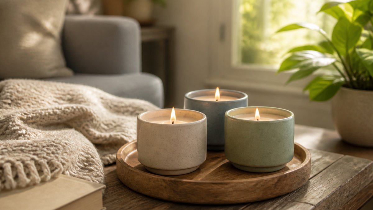 A cozy living room corner with three lit hand-poured soy candles in ceramic vessels on a wooden tray, soft blanket and book nearby, warm afternoon light through a window