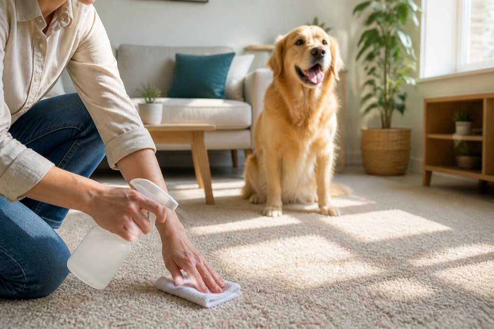 Pet owner's hands applying natural, plant-based cleaning solution to residential carpet while a golden retriever sits nearby in a bright, modern living room with afternoon sunlight streaming through windows