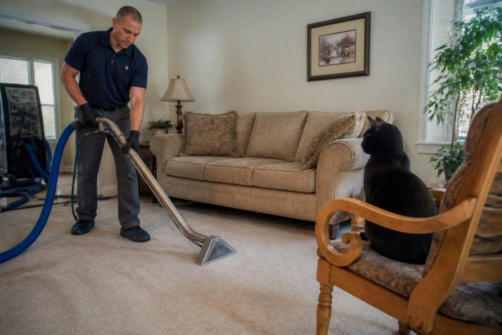 Professional carpet cleaning technician operating truck-mounted hot water extraction equipment on residential carpet in a home's living room, with a black cat watching from a nearby chair in soft natural light