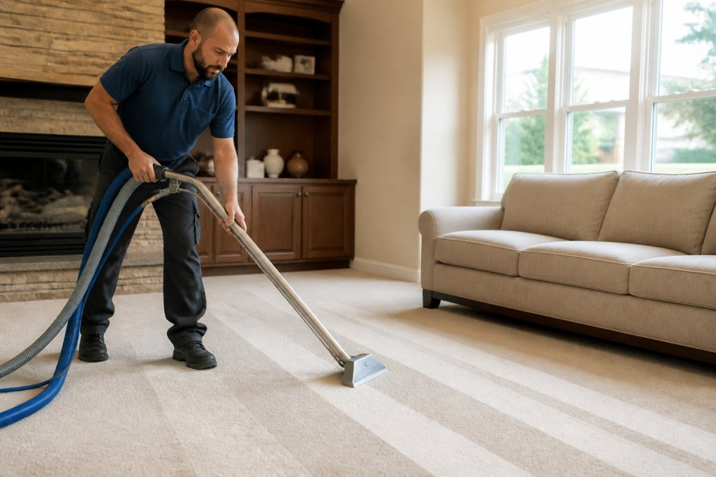 A professional carpet cleaning technician using a truck-mounted hot water extraction wand on a light-colored carpet in a bright living room, with visible clean stripes showing the deep cleaning result