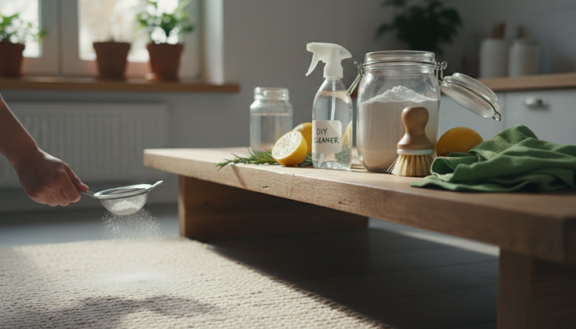 Close-up of a kitchen counter with natural cleaning ingredients including an open box of baking soda, a bottle of white vinegar, a clean spray bottle, and a folded white cloth arranged neatly on a light-colored surface