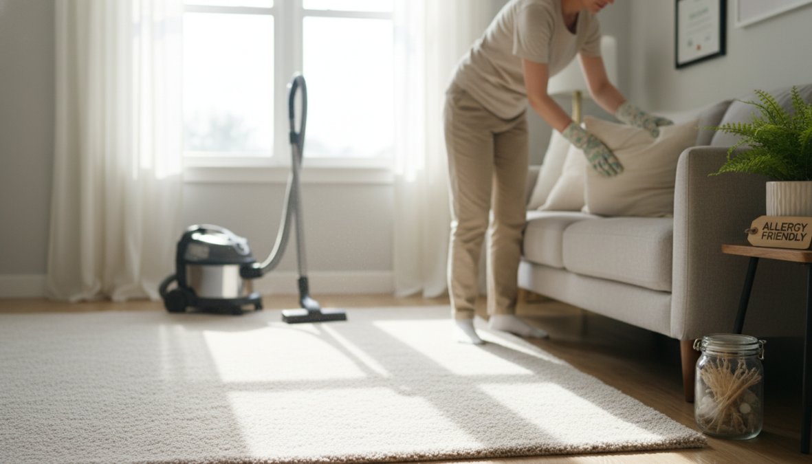 A parent and young child sitting comfortably on a freshly cleaned bright carpet in a sunlit living room, the child playing with wooden blocks while the parent reads nearby, with a HEPA vacuum visible in the background against the wall