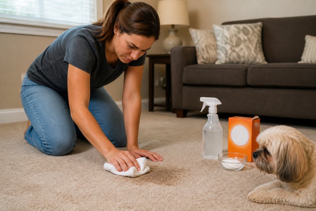 A person in casual clothes kneeling on a living room carpet, blotting a pet urine stain with a white microfiber cloth, with a spray bottle of vinegar solution and a box of baking soda beside them