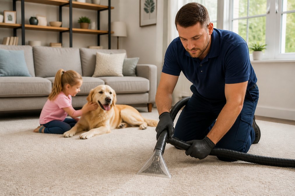 Professional technician in uniform carefully cleaning a carpet in a bright, modern living room with a golden retriever and young child playing safely in the background, demonstrating family-friendly eco-friendly carpet cleaning