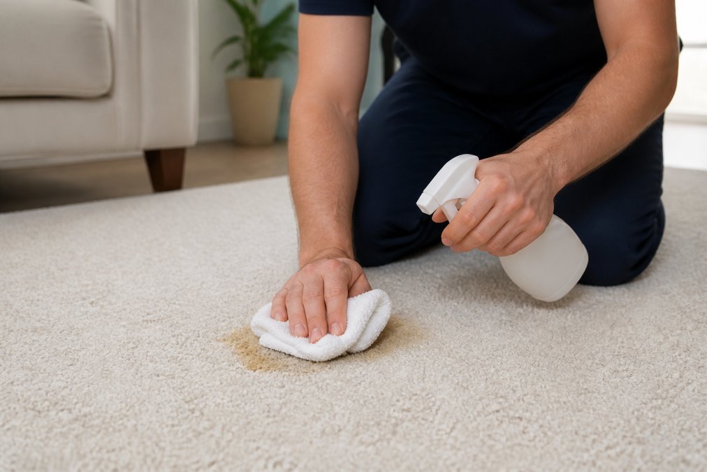 Close-up of hands blotting a fresh carpet stain with a white cloth and eco-friendly spray bottle, demonstrating proper spot-cleaning technique on a light-coloured home carpet