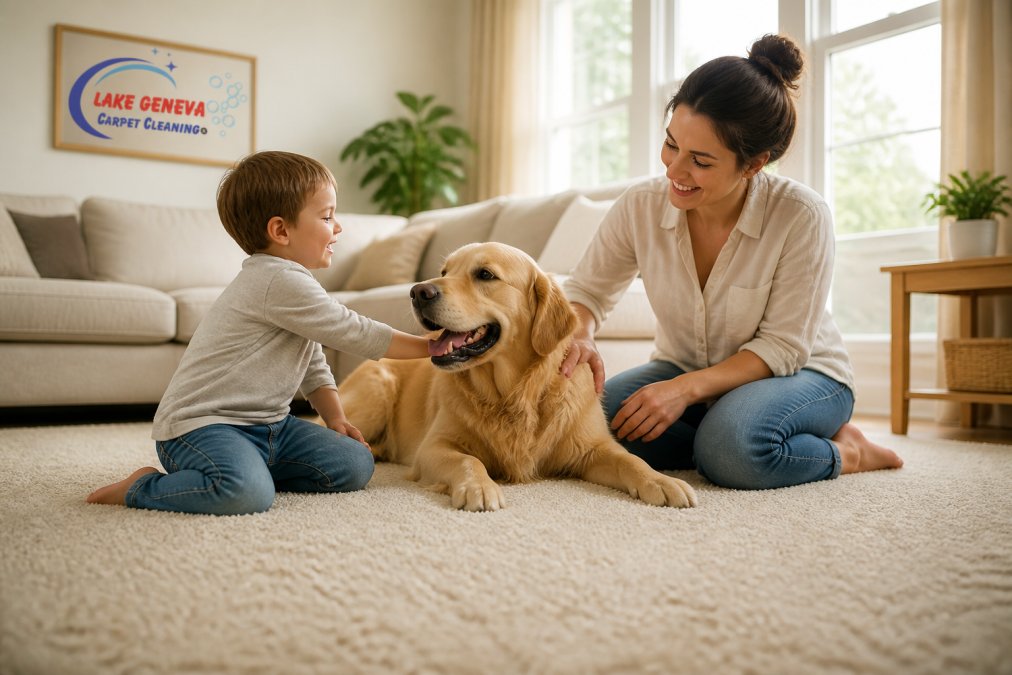Family with young child and dog playing together on freshly cleaned carpet in a bright, naturally lit living room with sunlight streaming through windows
