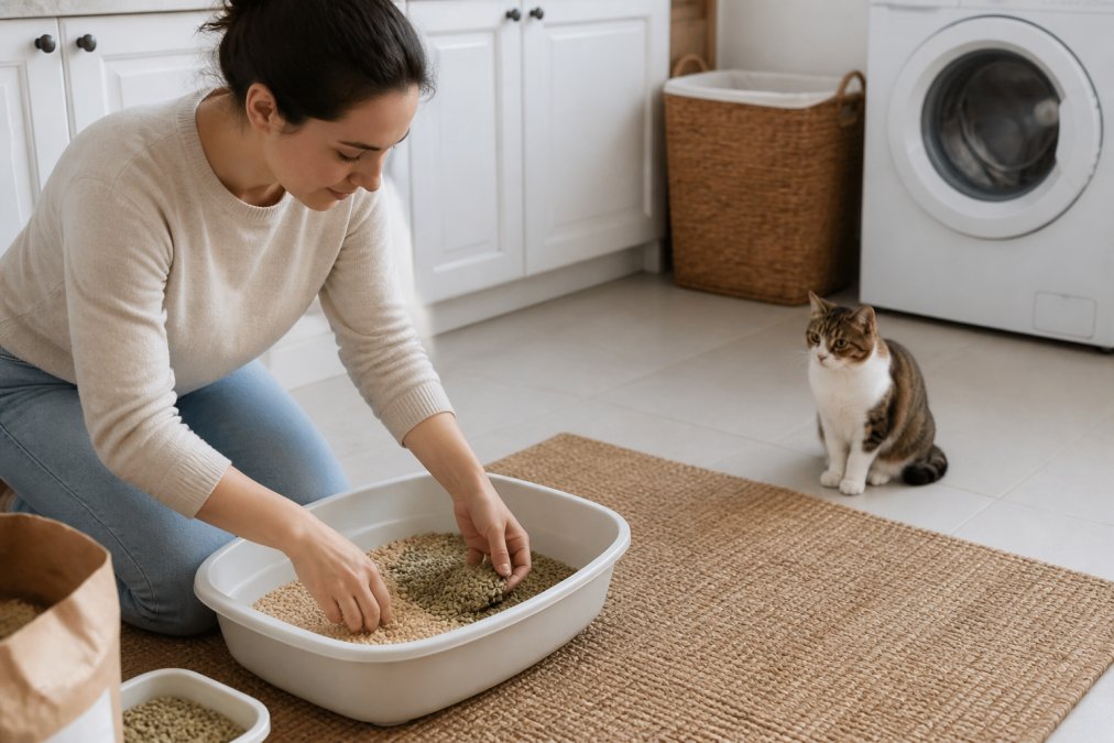 A cat owner kneeling beside a clean litter box in a bright laundry room, gently mixing two types of cat litter in the box while a curious cat watches from a few feet away
