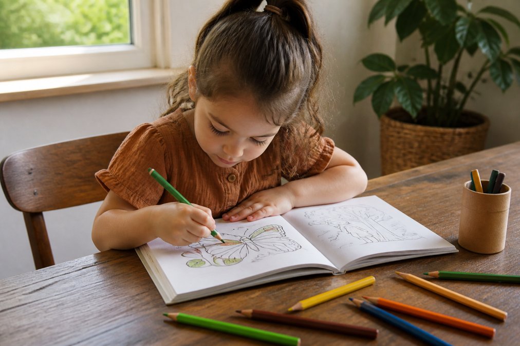 A young child sitting at a wooden table, focused on coloring in a minimalist activity book with colored pencils scattered nearby, warm natural light from a window