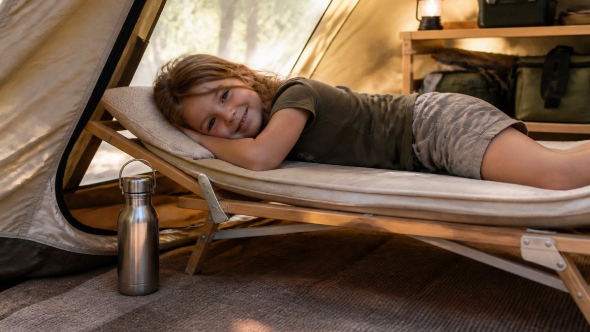 A child resting on a portable linen lounger inside a tent at a campsite, a stainless-steel drink bottle beside them, camping gear and a lantern visible in the background, warm late-afternoon light through the tent fabric