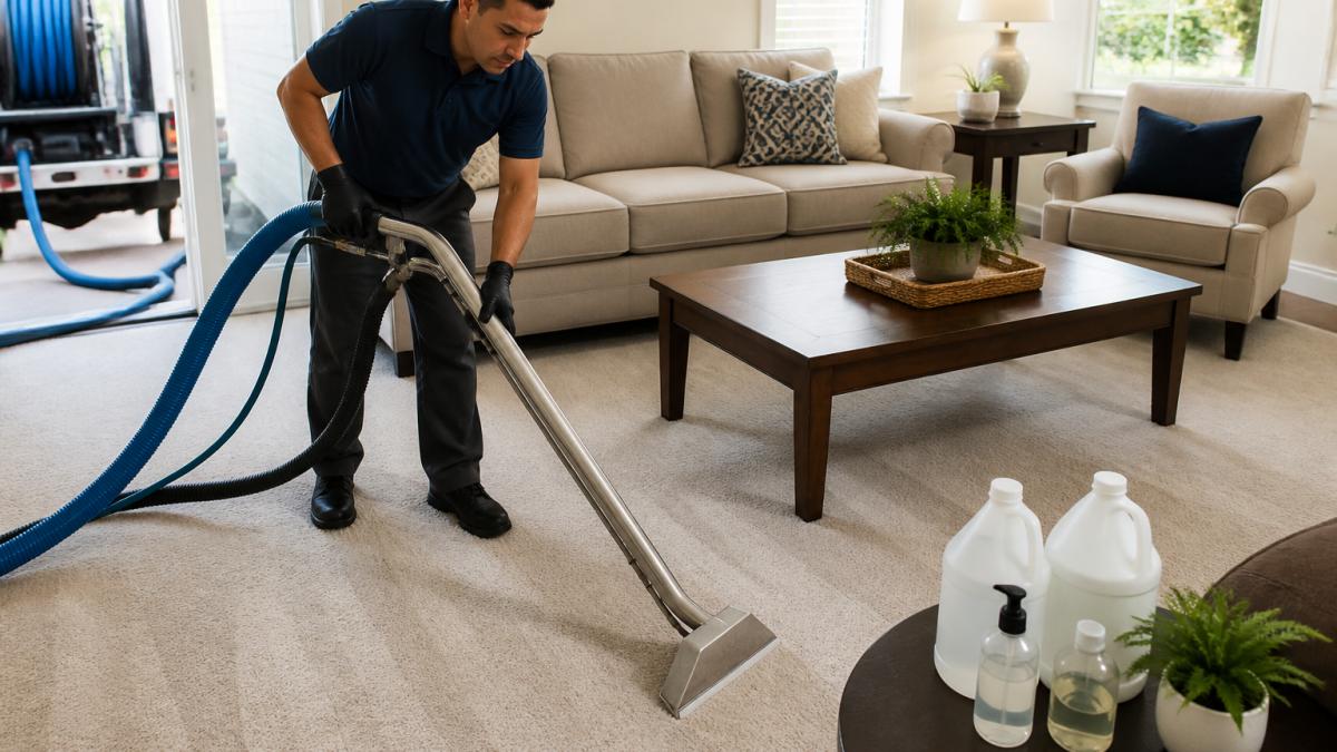 A professional cleaner using a truck-mounted extraction wand on a light-colored carpet in a furnished vacation rental living room, with eco-friendly cleaning supplies visible nearby