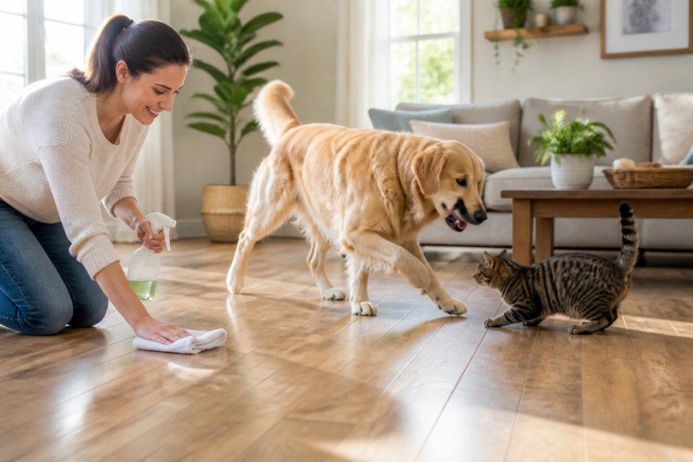 Pet owner cleaning a home floor with an eco-friendly spray product while a golden retriever and tabby cat play nearby in a bright, naturally-lit living room with hardwood floors