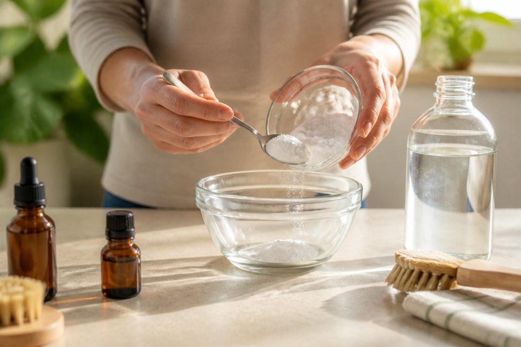 Close-up of hands mixing baking soda, white vinegar, and essential oils in glass bowls on a kitchen counter with natural sunlight streaming through the window