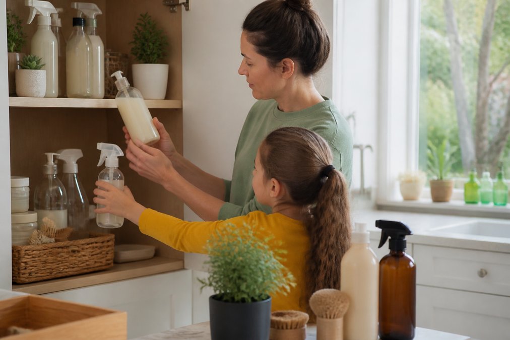 A parent and child organizing eco-friendly cleaning products on a shelf, with refillable bottles and plant-based cleaners visible, natural kitchen lighting