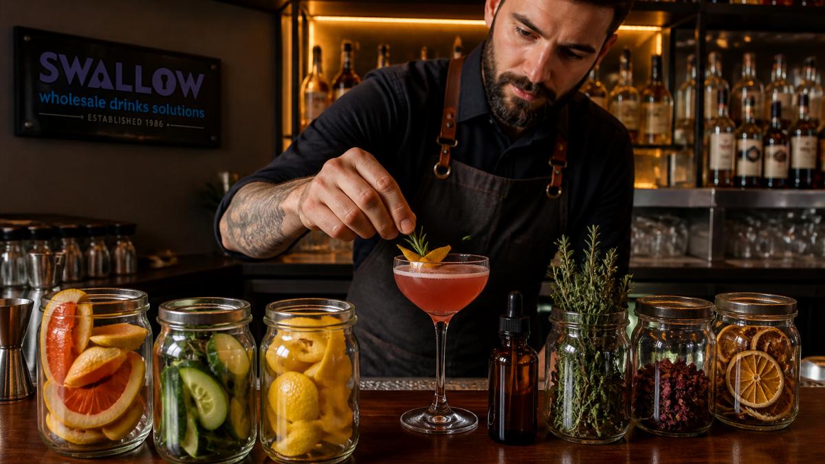 A bartender in a boutique hotel bar garnishing a cocktail with citrus peel and herb sprigs beside small containers of kitchen by-products, warm lighting, polished wooden bar top