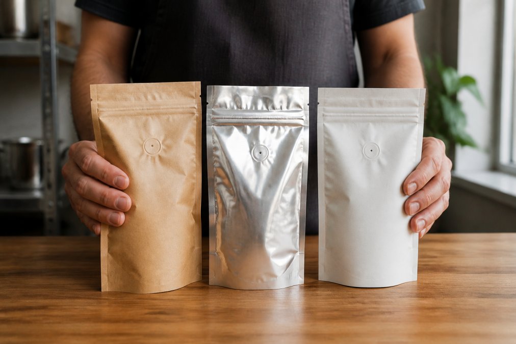 Hands holding kraft, foil-lined, and compostable coffee packaging on a wooden countertop with natural lighting.