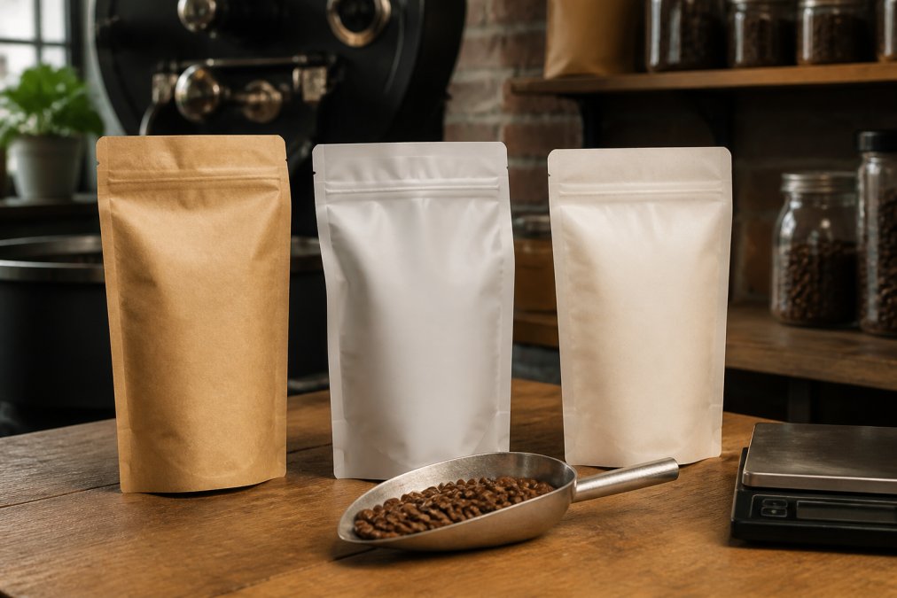 Comparison infographic displaying various eco-friendly coffee bag materials arranged on a roaster's workspace.