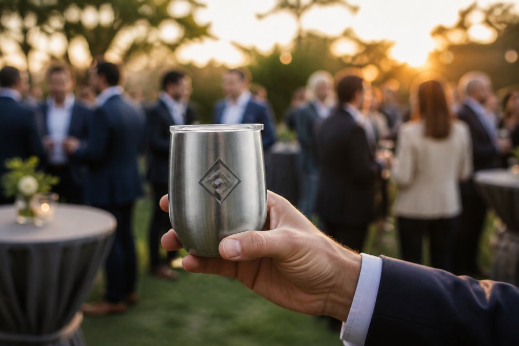 A close-up shot of a hand holding a branded stainless steel wine tumbler at an outdoor corporate event, with a blurred background of guests mingling in golden hour lighting
