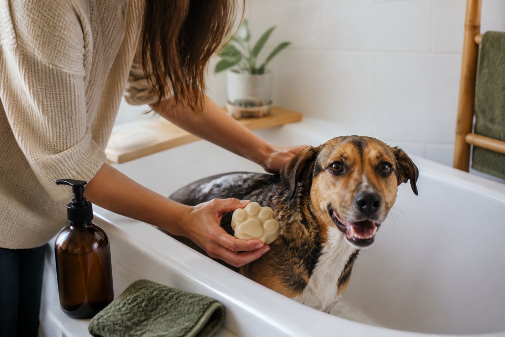 Person bathing a dog with a shampoo bar for eco friendly dog grooming in a home bathtub with bamboo towels.
