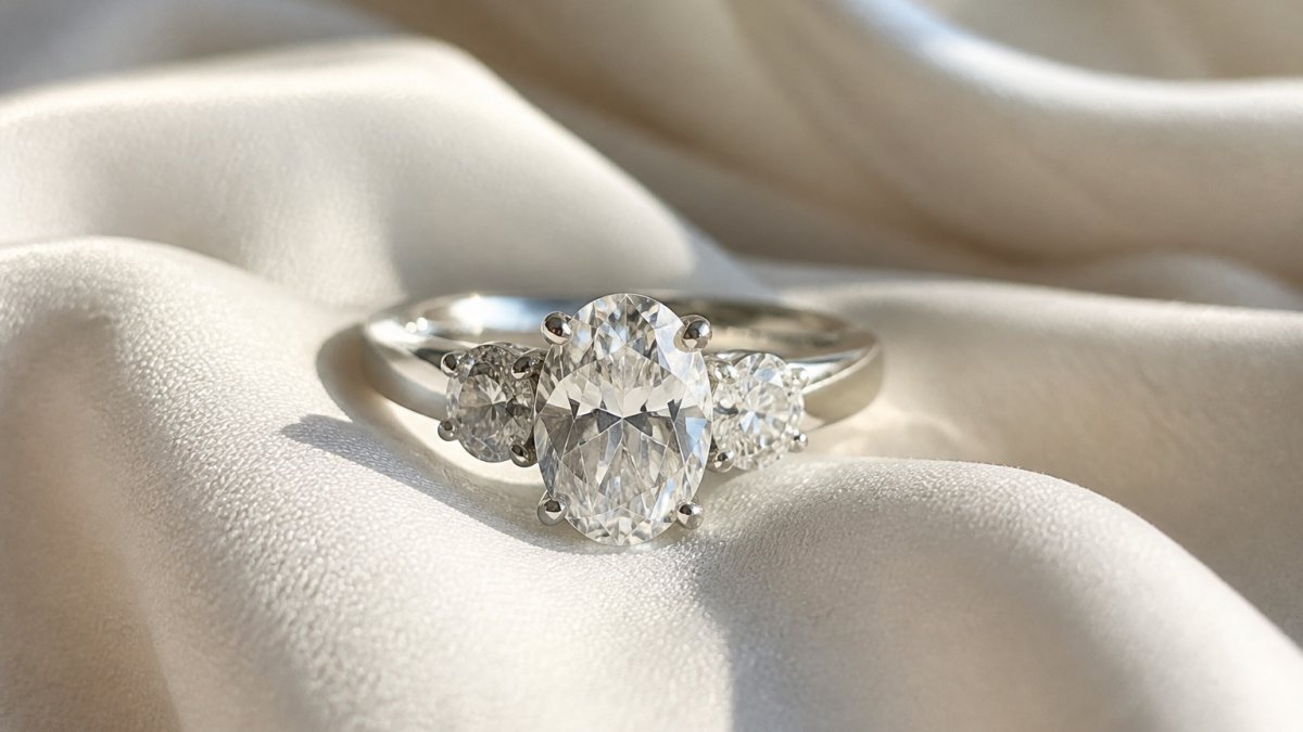 Platinum three-stone ring with an oval lab-grown diamond resting on soft cream fabric in natural window light