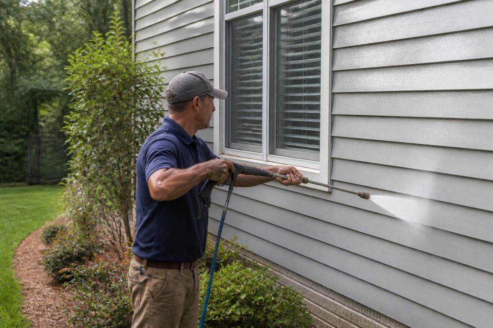 Professional technician applying low-pressure water spray to exterior home siding with gentle, controlled technique while protective landscaping remains undisturbed in background