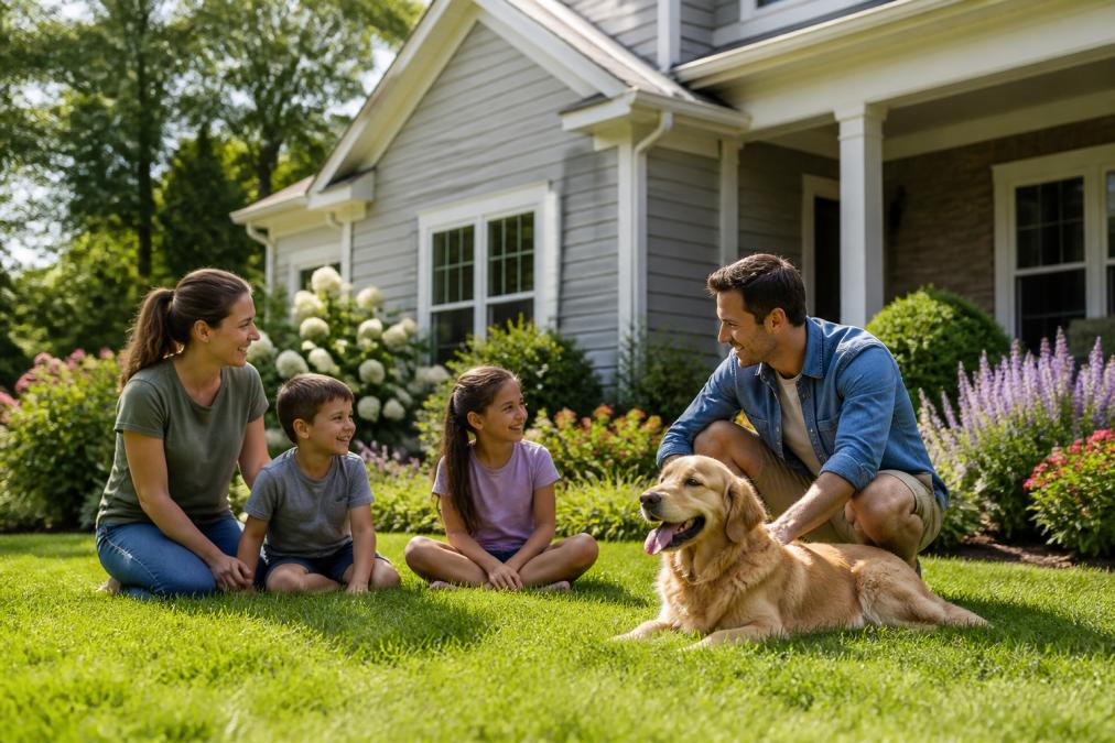 Young family with children and golden retriever playing in lush green yard with flowering landscaping while clean home exterior is visible in bright afternoon sunlight