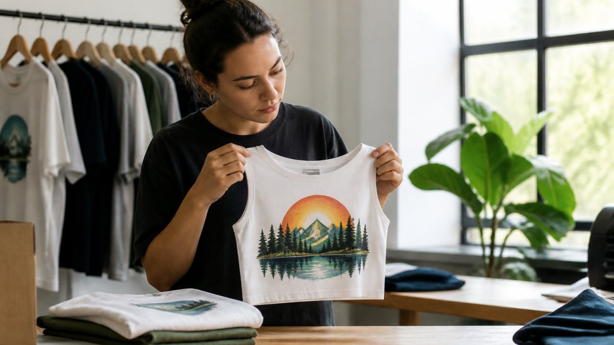 Designer examining print quality on a recycled crop top in a bright studio