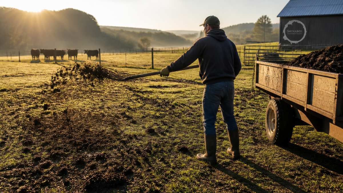 Farm worker spreading manure in thin layers across pasture with morning sunlight casting long shadows