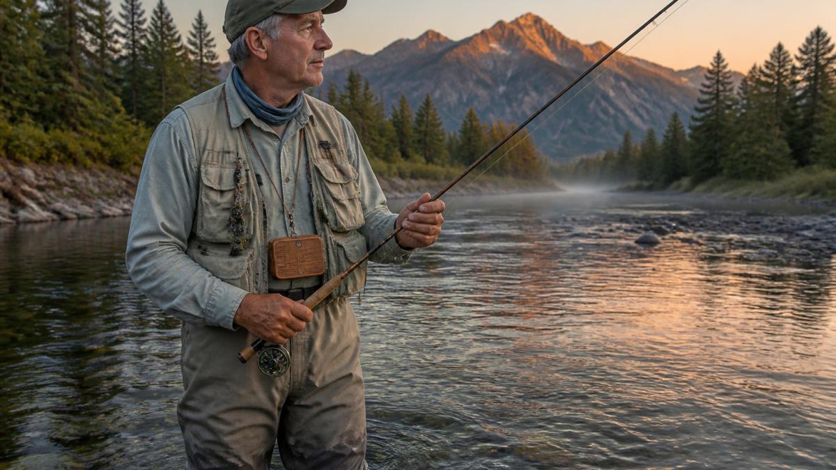 Angler in their 50s standing in a mountain stream holding a vintage split-cane fly rod at dawn