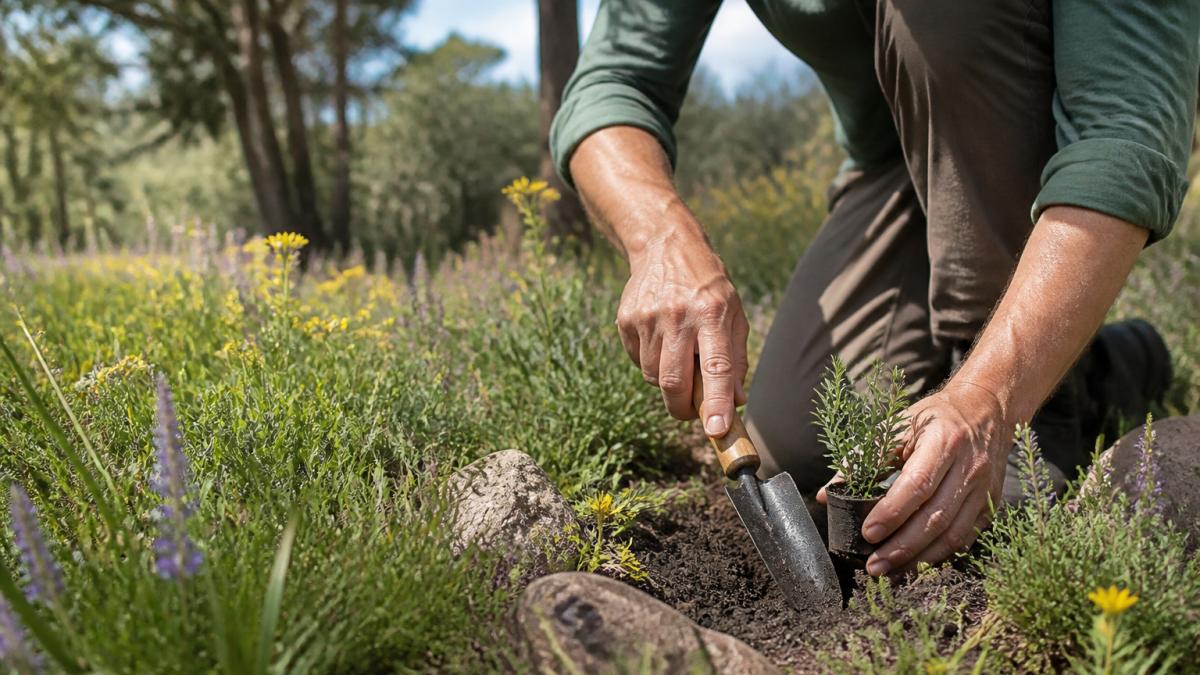 Peaceful natural burial ground with native wildflowers, oak trees, and natural vegetation in a serene outdoor setting on a sunny afternoon