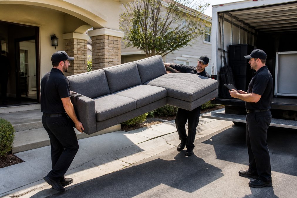 A professional junk removal team in matching uniforms carrying a large sectional sofa out of a suburban home toward a clean box truck, one crew member holding a clipboard, bright afternoon light