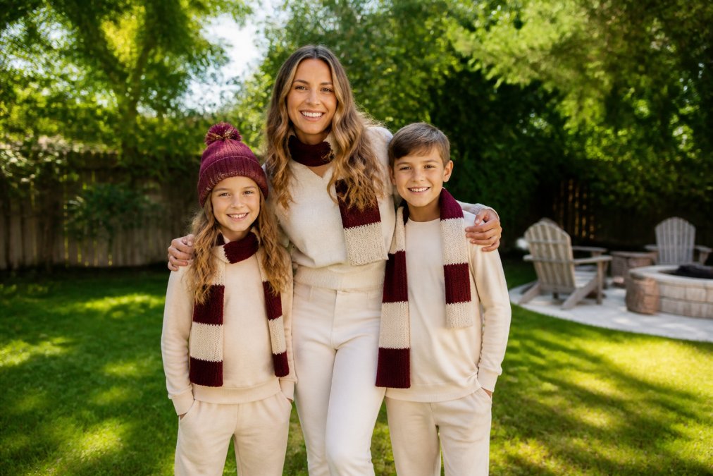 A mother and two children in matching neutral-toned sustainable outfits with a small team-colored scarf and hat, standing in a sunny backyard, smiling and ready for a game
