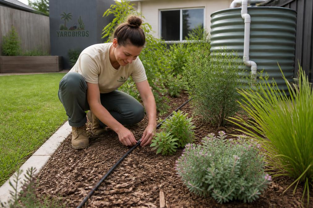 A person installing a drip irrigation line along a garden bed of native plants in a suburban backyard, with a rainwater tank visible in the background and mulch covering the soil