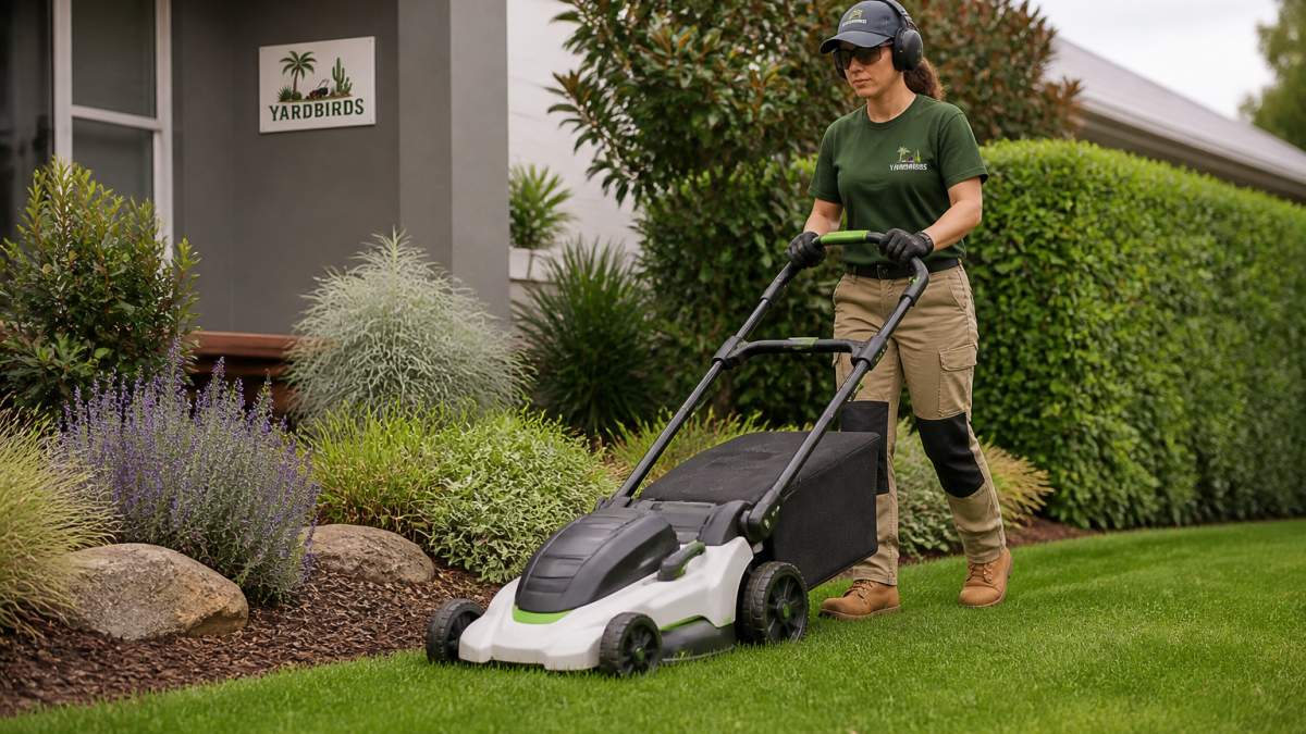 Professional operator using modern electric lawn mower on well-maintained residential garden bed with native plants visible in background