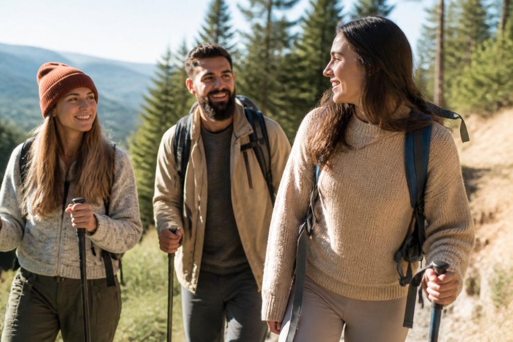 Friends hiking through nature with sustainable gear, enjoying eco-friendly gift experiences together.