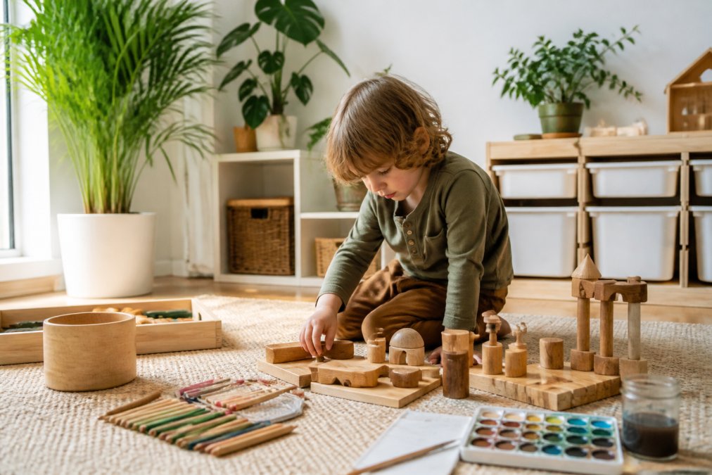 Child engaged in creative play with natural wooden toys and watercolor pencils, surrounded by potted plants and natural morning light in a bright, minimalist playroom