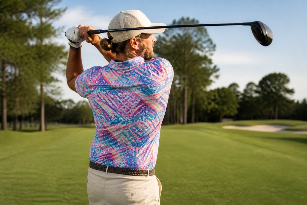 Golfer mid-swing on a sunny fairway wearing a breathable retro-print shirt from eco friendly golf shirt brands.