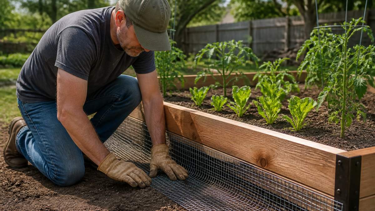 A homeowner kneeling beside a raised garden bed lined with hardware cloth, pressing the wire mesh into the soil with gloved hands, with young vegetable plants visible in the background on a sunny day
