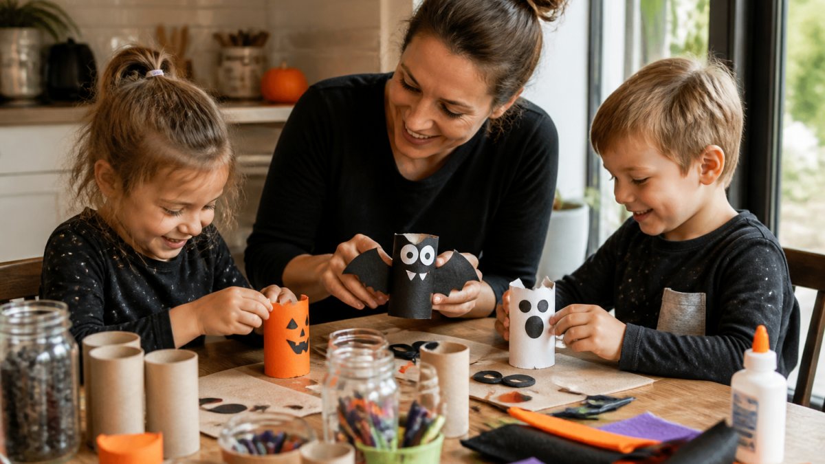 A parent and two young children sitting at a kitchen table covered in cardboard tubes, paper scraps, mason jars and felt pieces, all smiling while assembling small Halloween crafts, warm natural light from a nearby window