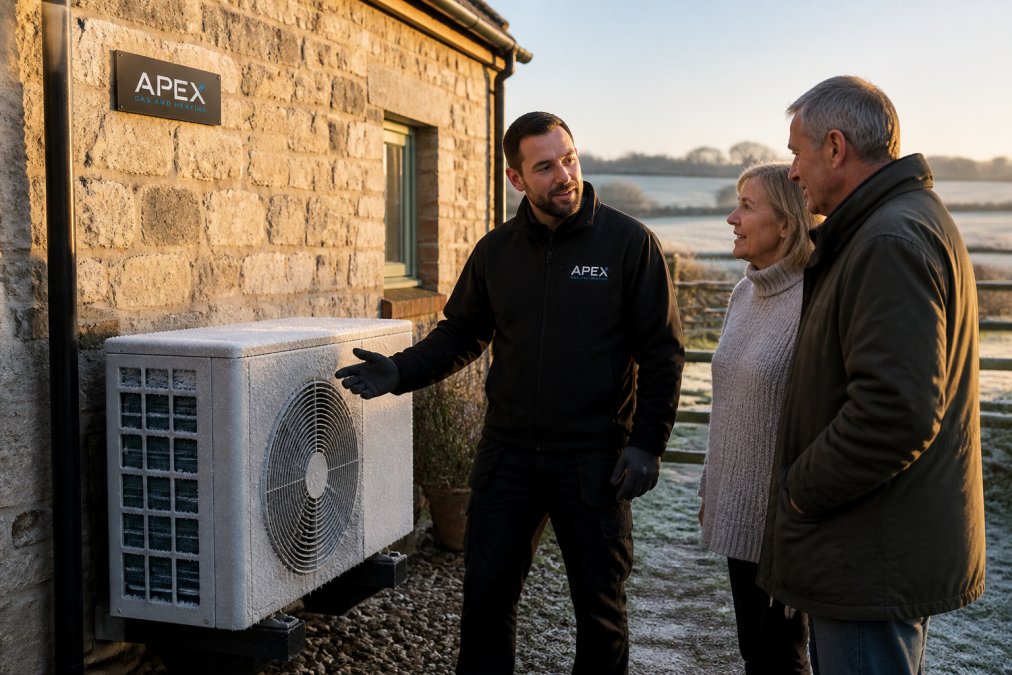Air source heat pump unit mounted on the exterior wall of a rural cottage with countryside fields visible in the background, morning sunlight catching the frost on the unit