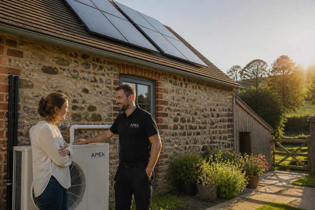 Solar thermal panels installed on a rural home's roof with an air source heat pump visible below, demonstrating integrated renewable heating setup in morning sunlight