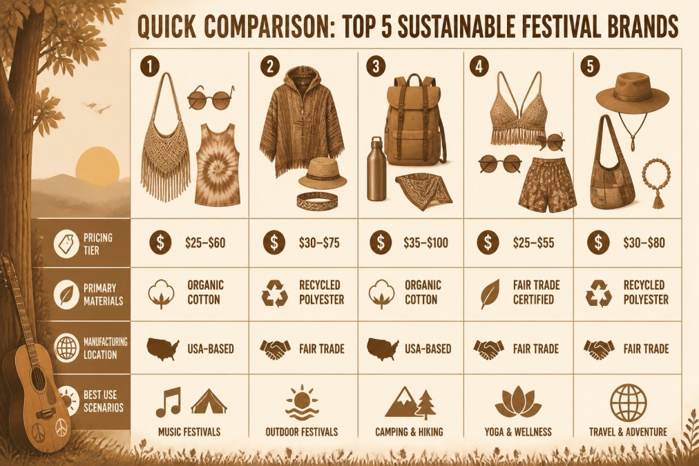 Comparison matrix showing 5 eco friendly hippie festival gear brands with pricing tiers ($25-$100), primary materials (organic cotton, recycled polyester, fair trade certified), manufacturing location (USA-based or fair trade), and best-use scenarios