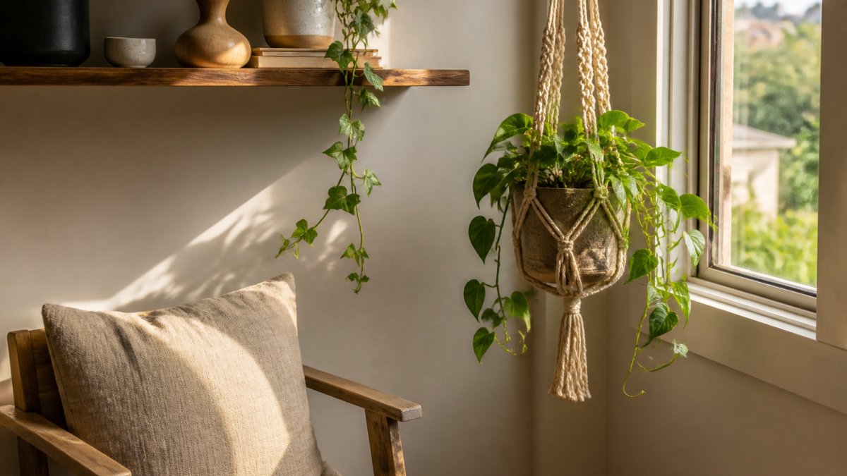 Sunlit apartment corner with a macrame plant hanger, wooden bud vase, and a linen cushion on a chair